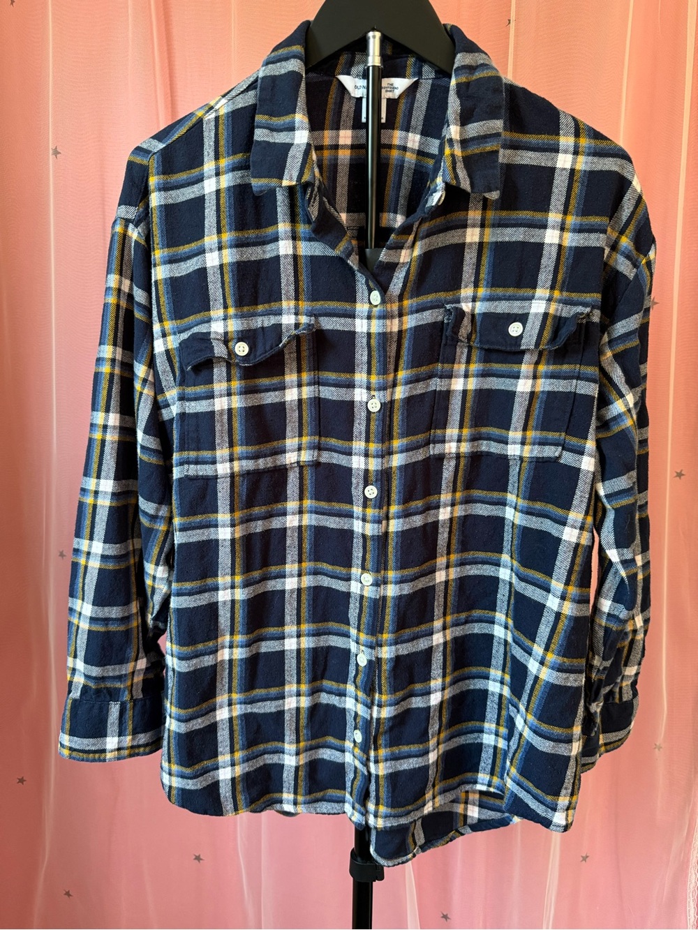 Women’s Navy Plaid Button-Up “The Boyfriend Shirt” with Yellow Accents Size XL